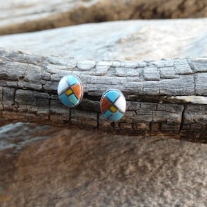 Oval Bezel Set Colorful Multi Gemstone Stud Earrings Nice Handcrafted Southwestern Sterling Silver 925 7mm Free Gift Bag Free Shipping  X7