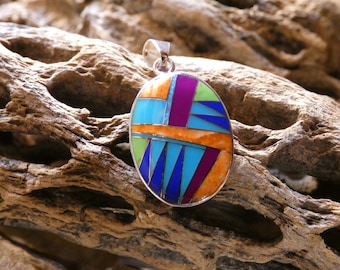Multi Gemstone & Opal Inlayed Sterling Silver Pendant Nice Vibrant Colorful Unisex Handcrafted In USA  Free Gift Bag Free Shipping New Y98