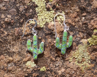 Saguaro Cactus Sterling Silver 925 Green Gaspeite Gemstone Highlighted With Opal Southwestern Earrings Handcrafted In USA Free Shipping NEW