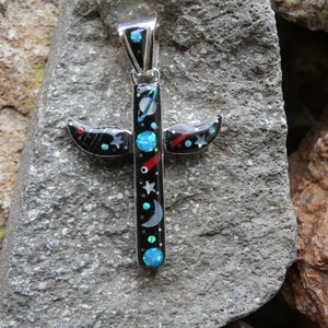 Galaxy Celestial Night Sky Moon Shooting Star Totem Pole Cross Micro Inlay Multi Gemstone Sterling Silver 925 Envío gratuito hecho a mano M77