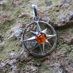 North Star Compass Handcrafted Rich Brown Amber Gemstone Sterling Silver 925 Pendant / Charm Free Shipping In USA Gift Bag NEW I2