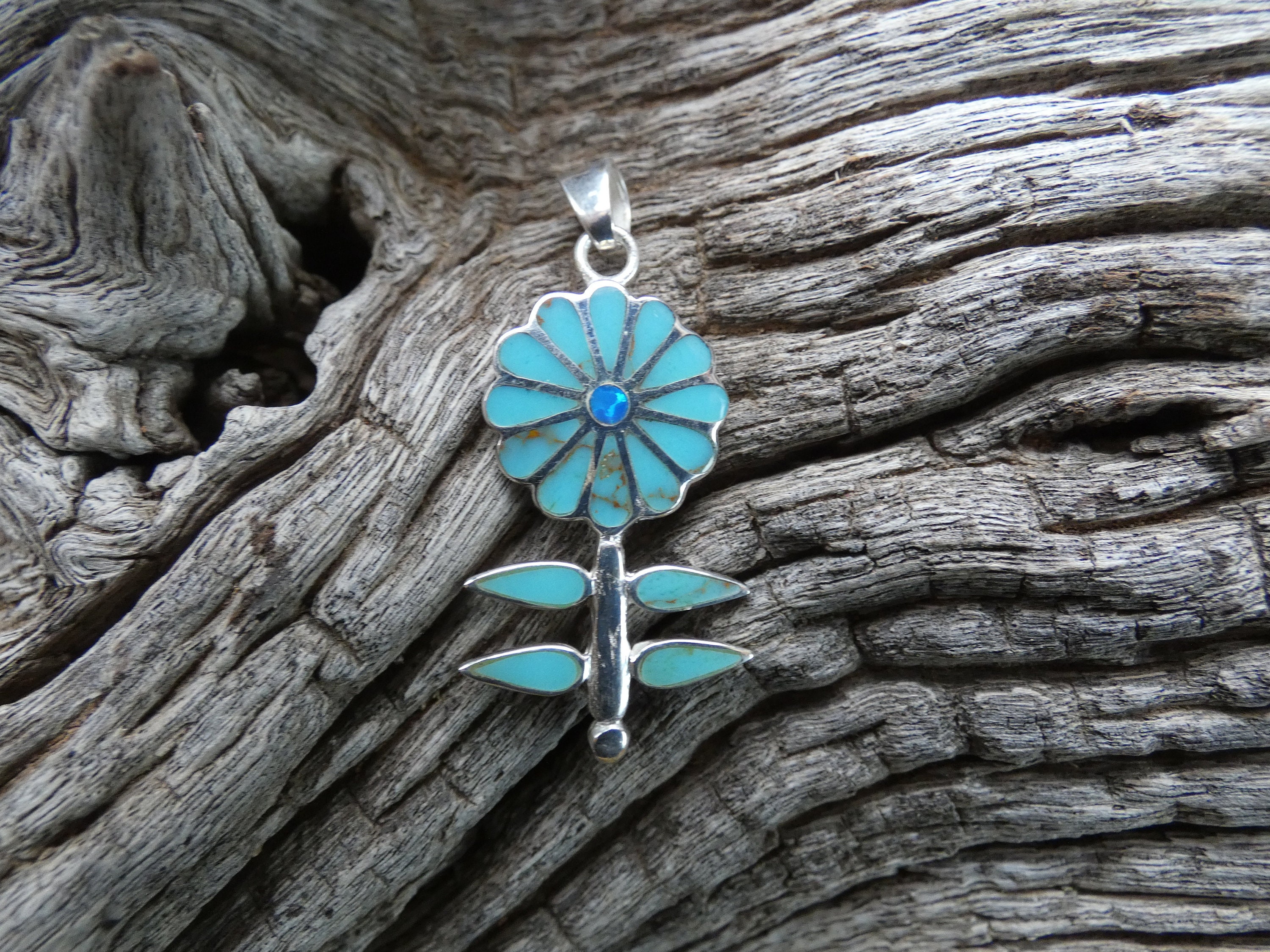 Turquoise Flower Sunflower Nice light Blue Gemstone & Opal Inlay Sterling Silver Handcrafted In USA Pendant Free Gift Bag Free Shipping D29