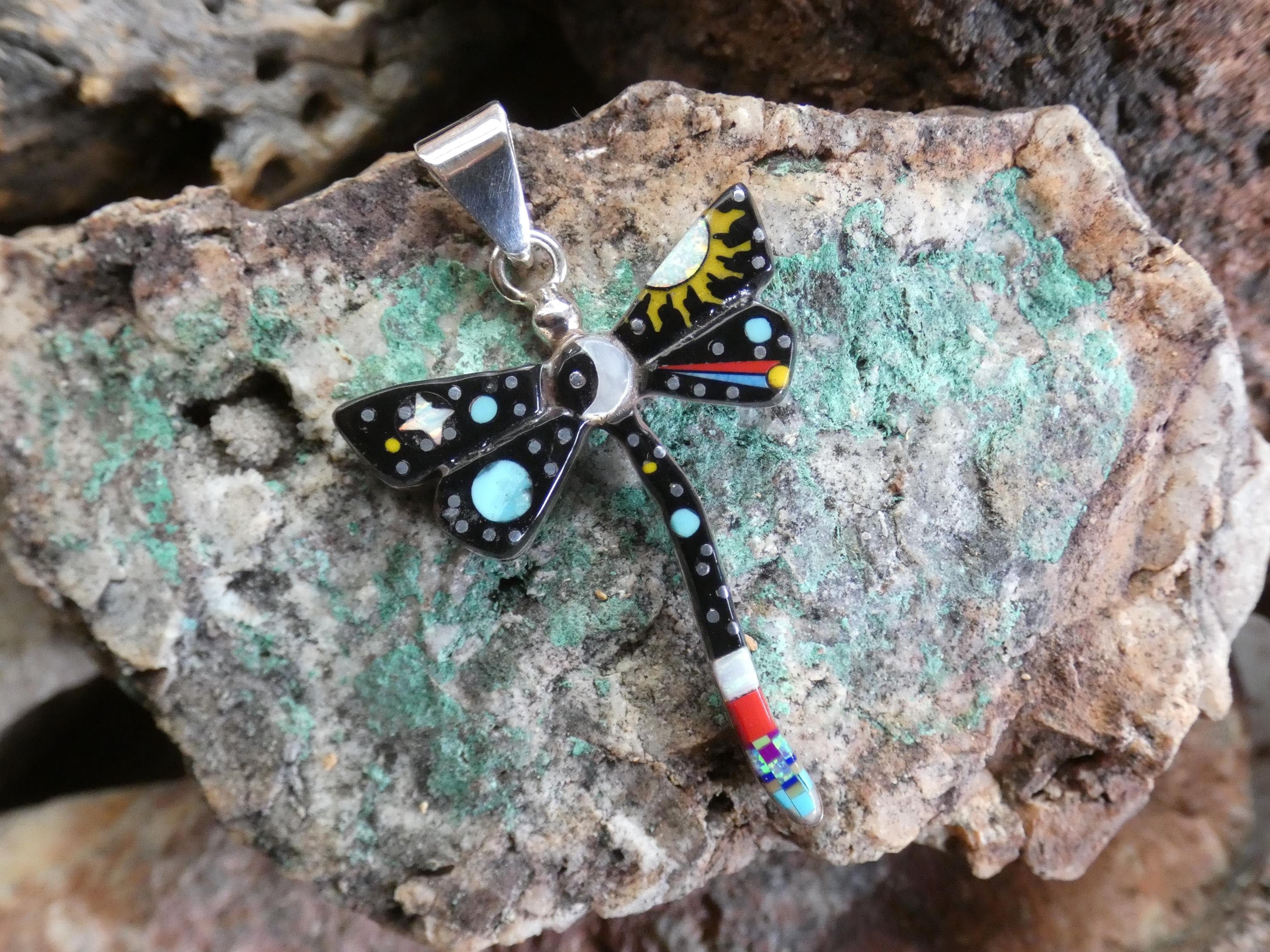 Galaxy Night Sky Dragonfly Sun Crescent Moon Stars Handcrafted Sterling Silver 925 Multi Gemstone Micro Inlay Pendant Free Shipping AK34