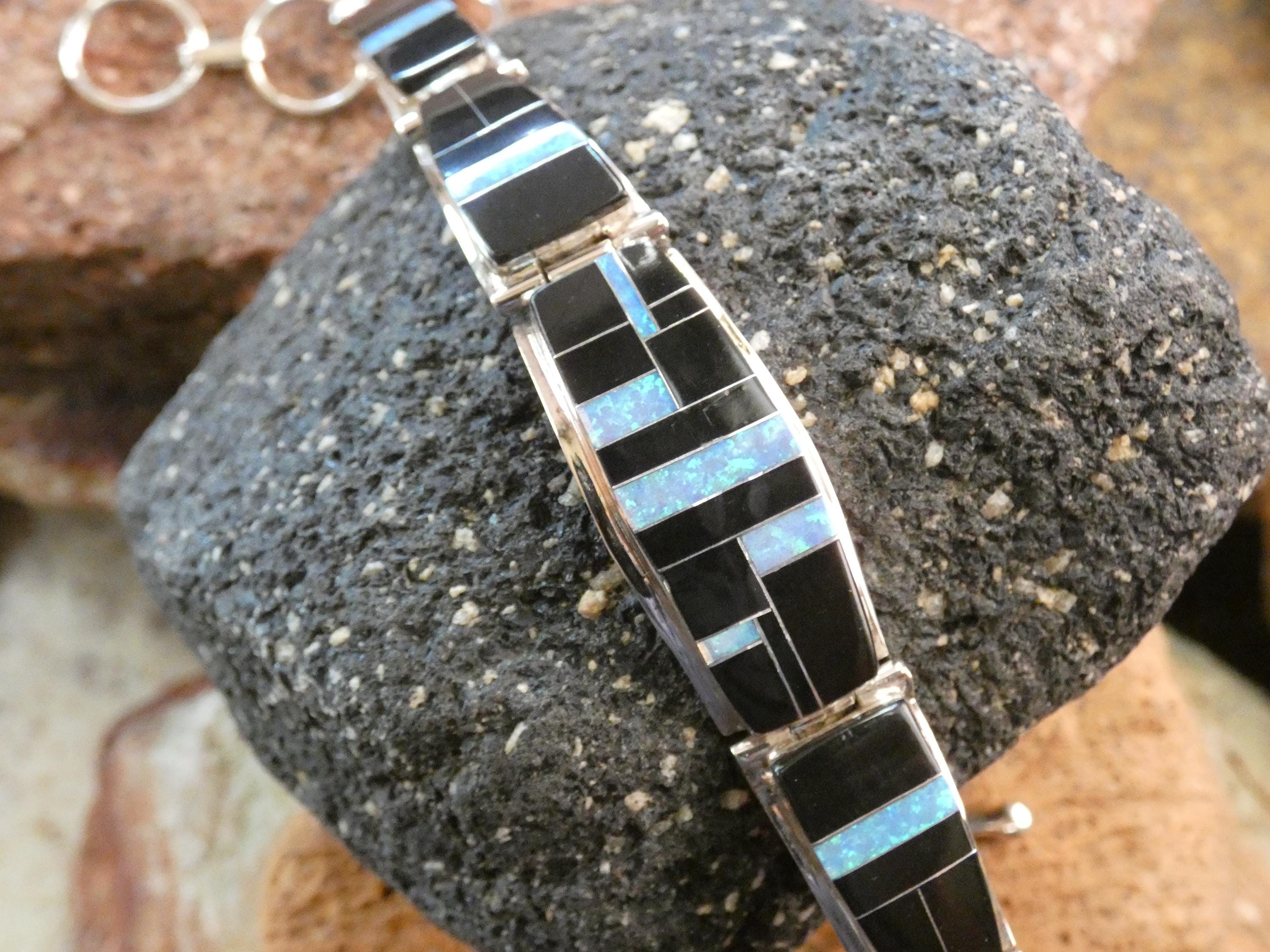 Beautiful Graduated Black Onyx & Blue Opal Multi Gemstone Hinged 