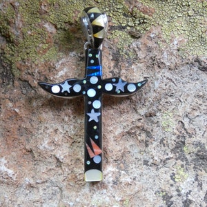 Artesanía Galaxy Celestial Night Sky Moon Shooting Star Totem Pole Cross Micro Inlay Multi Gemstone Sterling Silver 925 Envío Gratis Y24