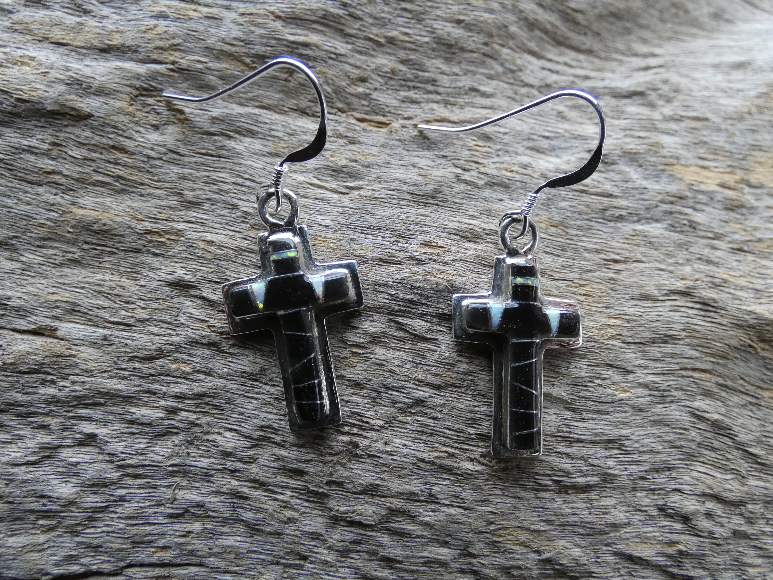 Boucles D'Oreilles Créoles Croix En Argent 925 Avec Onyx Noir - 40mm - Fait Main - Neuf