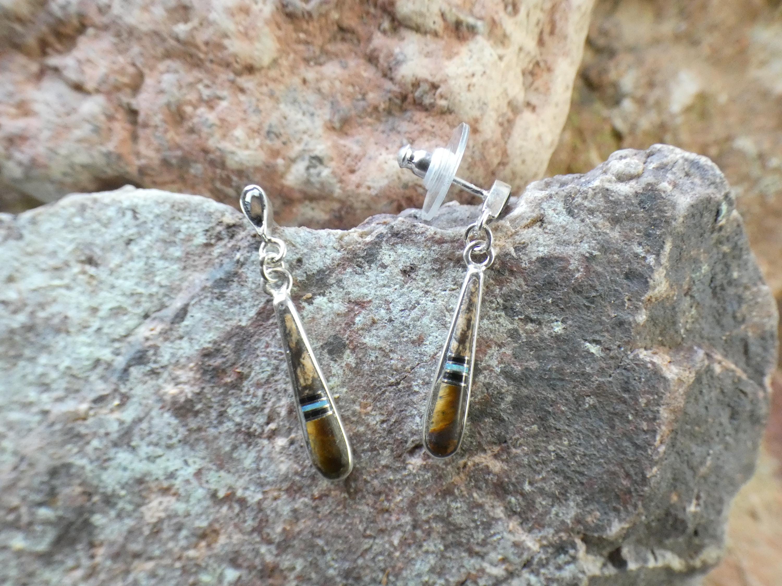 Petite Dangle Sterling Silver Tiger's Eye Black Onyx Opal Beautiful Handcrafted Gemstone Post Earrings Made In USA Free Shipping NEW AN89