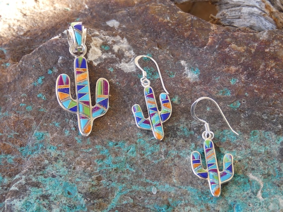 Boucles D'oreilles Pendantes Et Broche Ninibah - Argent Sterling, Résine Cactus Désert