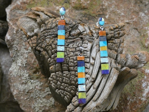3 PC SET Multi Gemstone Sterling Silver 925 With White Opal Handcrafted Stick Bar Pendant With Post Earrings Free Shipping Gift Box NEW K38