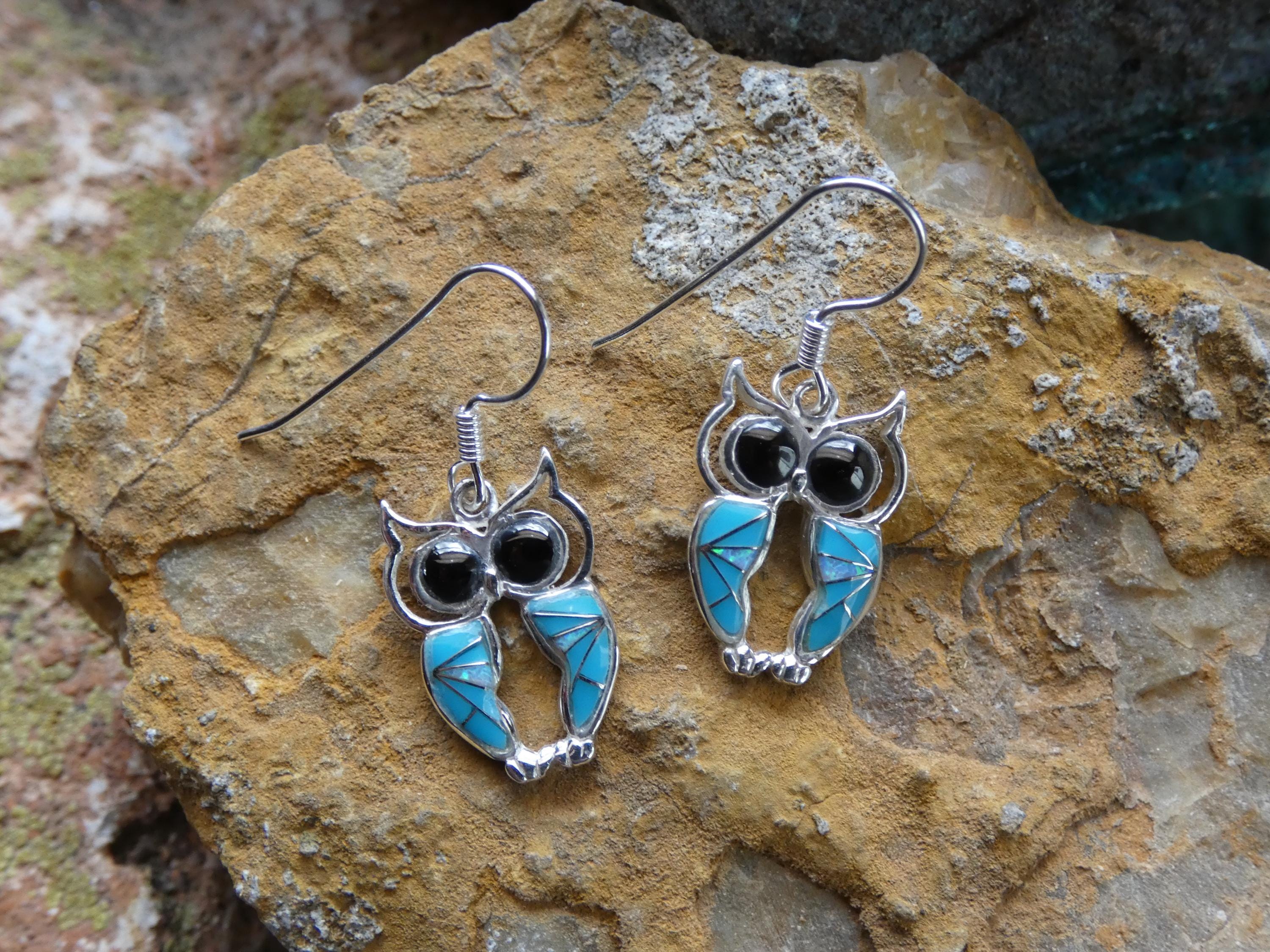 Owl Beautiful Turquoise Gemstone & Opal Onyx Eyes Nice Light Weight Handcrafted Sterling Silver 