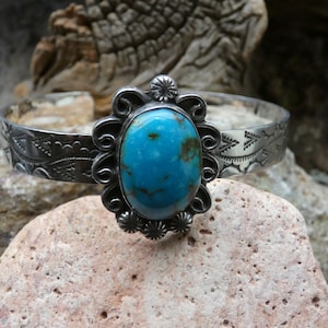Turquoise Handcrafted Hand Stamped Sterling Silver 925 Southwestern Western Bracelet Cuff Free Shipping Gift Box NEW Made In The USA K28