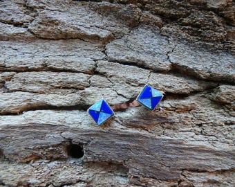 Beautiful Blue Lapis & Opal Inlay Handmade Sterling Silver 925 Square Design Stud Post Petite Earrings Free Gift Bag Free Shipping New AP6