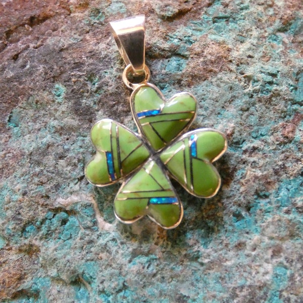 Four Leaf Clover Love And Luck Unique Gaspeite Gemstone & Blue Opal Southwestern Pendant Handcrafted In USA Free Gift Bag Free Shipping Z3