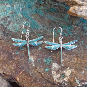 Dragonfly Vibrant Blue Turquoise & Opal Inlayed Sterling Silver 925 Earring Set Handcrafted in USA Free Shipping in USA Free Gift Bag S58