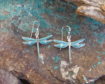 Dragonfly Vibrant Blue Turquoise & Opal Inlayed Sterling Silver 925 Earring Set Handcrafted in USA Free Shipping in USA Free Gift Bag S58