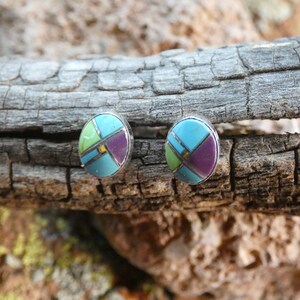 Nice Handcrafted Southwestern Sterling Silver 925 Oval Bezel Set Colorful Multi Gemstone Stud Earrings Free Gift Bag Free Shipping W98