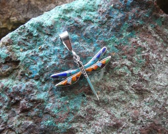 Southwest Dragonfly Sterling Silver 925 Nice Genuine Multi Gemstone Inlay Small Petite Pendant Handcrafted In USA Fast Free Shipping NEW S18