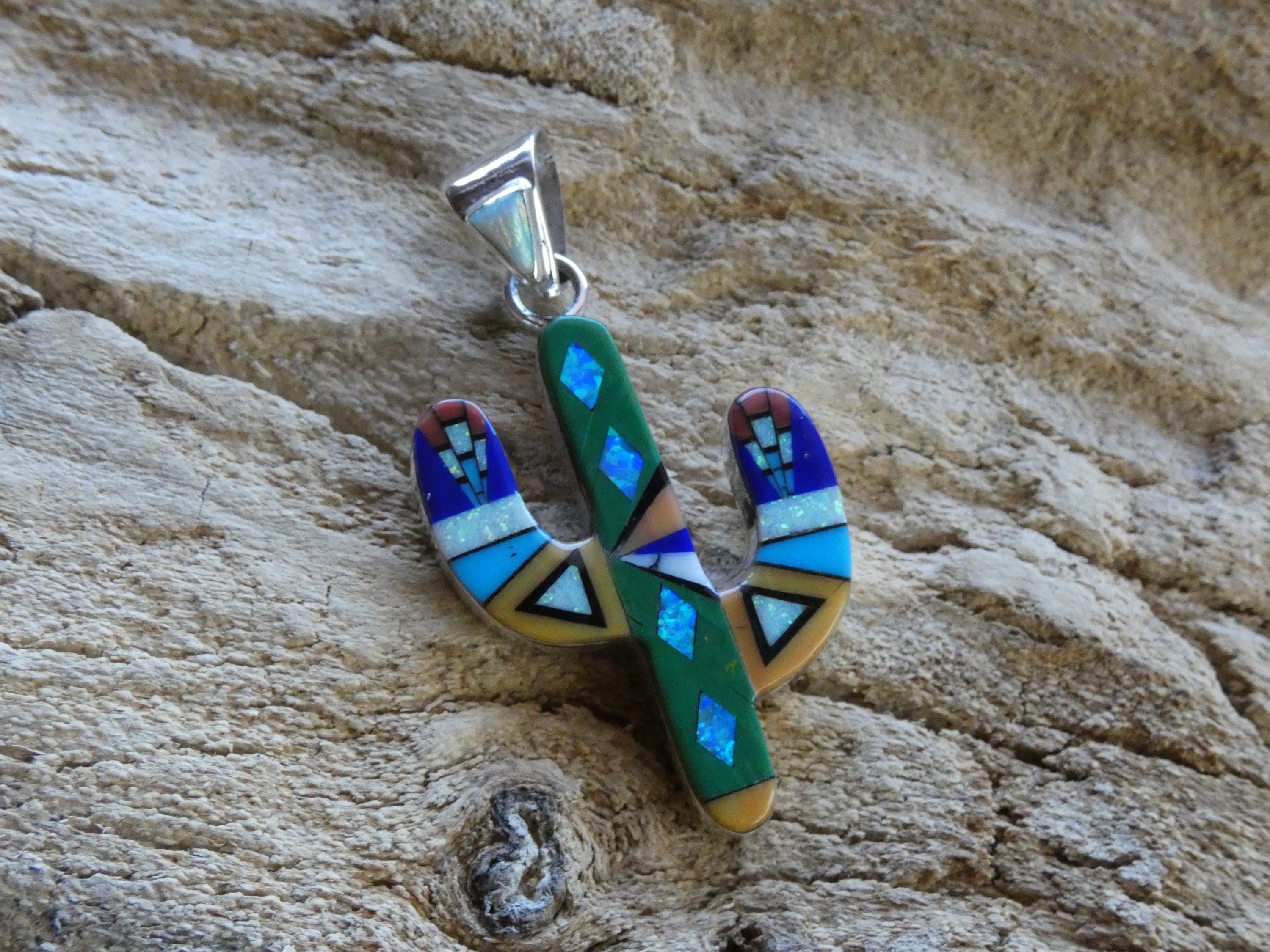 Beautiful Colorful Micro Inlay Saguaro Cactus Sterling Silver 925 Multi ...