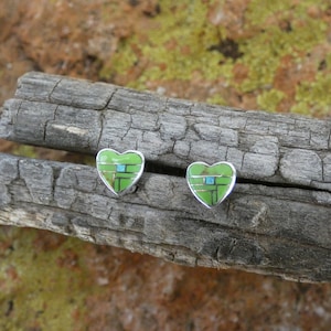 Cute Heart Southwestern Sterling Silver 925 Beautiful Green Gaspeite & Opal Inlayed Small Stud Earrings Free Gift Bag Free Shipping New U47