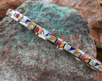 Southwestern Unisex Colorful Multi Gemstone & Opal Hinged Adjustable Handcrafted Bracelet Sterling Silver 925 Lobster Claw Gift Box AU82