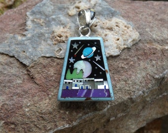 Beautiful Old Pueblo Galaxy Night Sky & Southwest Mosaic Two Looks! Double Sided Micro Inlay Pendant Multi Gemstone Sterling Silver 925 N20