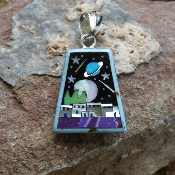 Beautiful Old Pueblo Galaxy Night Sky & Southwest Mosaic Two Looks! Double Sided Micro Inlay Pendant Multi Gemstone Sterling Silver 925 N20