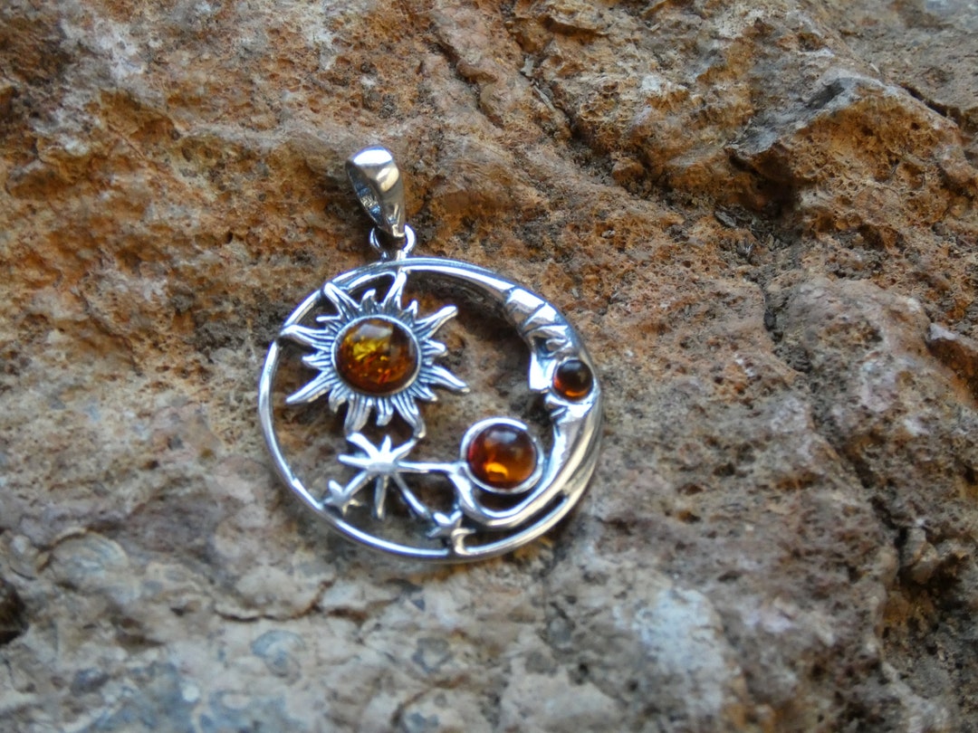 Crescent Moon With Stars Sun Rich Brown Amber Sterling Silver 925 ...