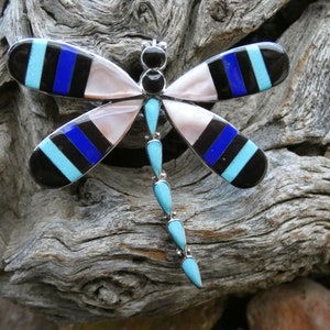 Multi Gemstone Native Made Dragonfly Zuni Artist Signed Sterling Silver 925 Pin Brooch Pendant Two Uses For One Low Price FREE Shipping H32