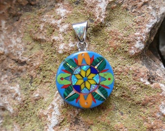 Burst Of Color Flower Design Multi Gemstone Fire Opal Handcrafted Micro Inlay Pendant Sterling Silver 925 Free Shipping Gift Bag NEW AH98