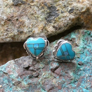 Handcrafted Southwestern Western Sterling Silver 925 Beautiful Blue Turquoise & Opal Inlay Post Earrings Free Shipping Gift Box New AH67
