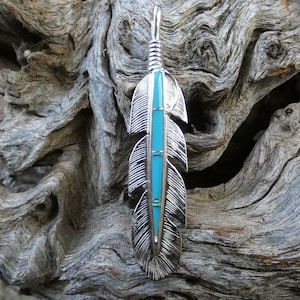 Southwestern Handcrafted Feather Sterling Silver Vibrant Sleeping Beauty Turquoise Opal Accent Pendant XL Size Free Shipping Gift Box AH4