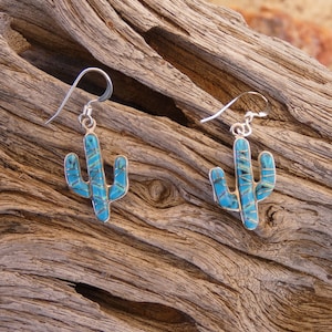 Saguaro Cactus Sterling Silver 925 Lovely Blue Turquoise Gemstone And Opal Southwestern Earrings Handcrafted In The USA NEW Free Shipping