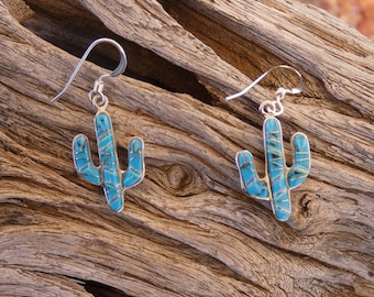 Saguaro Cactus Sterling Silver 925 Lovely Blue Turquoise Gemstone And Opal Southwestern Earrings Handcrafted In The USA NEW Free Shipping