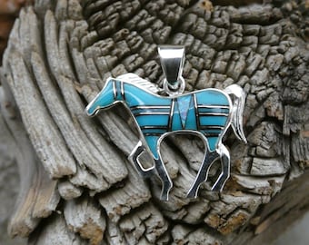 Horse Pony Stallion Southwestern Western Sterling Silver 925 Beautiful Turquoise & Opal Unisex Nice Pendant Free Shipping Gift Bag NEW G50