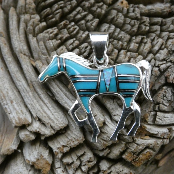 Horse Pony Stallion Southwestern Western Sterling Silver 925 Beautiful Turquoise & Opal Unisex Nice Pendant Free Shipping Gift Bag NEW G50