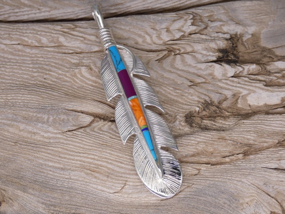 Southwest Handmade Feather Sterling Silver Vibrant Mixed Gemstones Opal Pendant XL Size Handcrafted In the USA New Free Shipping in USA