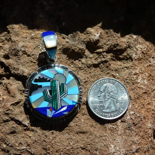 Turquoise Southwestern Sunset Sky With Saguaro Handcrafted Multi Gemstone Micro Inlayed Pendant Sterling Silver 925 Free Shipping shops NEW C93