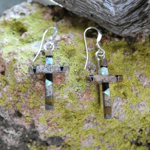 Tiger&#39;s Eye With Opal Southwestern Gemstone Cross Earrings Handcrafted Sterling Silver 925 French Wire Gift Bag Free Shipping NEW Z65