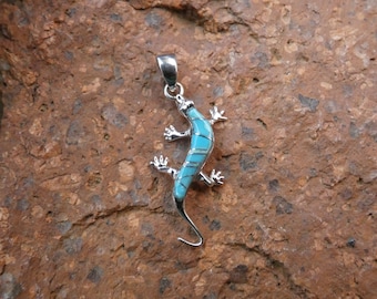 Lagarto Gecko Reptil Suroeste Plata de ley 925 Bonita piedra preciosa azul turquesa y colgante con incrustaciones de ópalo Bolsa de regalo gratis y envío NUEVO L72