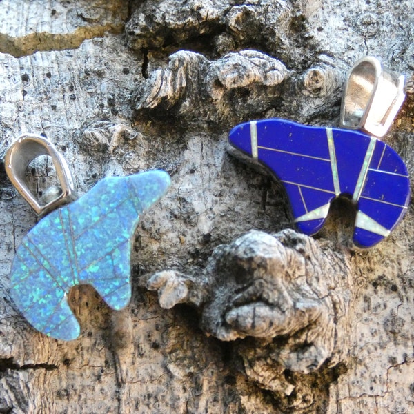 Sterling Silver Lapis & Blue Opal Double Sided Large Size Native American Bear Symbol Handcrafted Pendant Two Looks One Low Price New V23