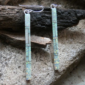 Gorgeous Lab Created White Opal Bar Earrings Sterling Silver 925 On French Wire Hooks Vibrant Rainbow Colors Free Shipping FREE Gift Bag L35