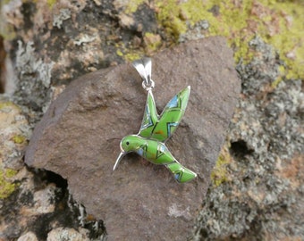 Hummingbird Southwestern Sterling Silver Green Gaspeite & Opal Gemstone Inlayed Pendant Made In USA Free Shipping Gift Bag NEW D39