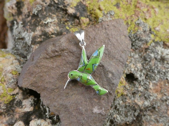 Hummingbird Southwestern Sterling Silver Green Gaspeite & Opal Gemstone Inlayed Pendant Made In USA Free Shipping Gift Bag NEW D39