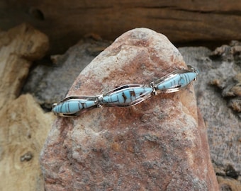 Southwestern Turquoise Gemstone Hinged Link Adjustable 7 to 7.5" Handcrafted Bracelet Sterling Silver 925 Lobster Claw Gift Box New AZ42