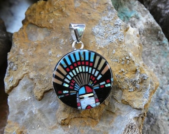 Southwestern Kachina Handmade Multi Gemstone Fire Opal Micro Inlay Very Detailed Pendant Sterling Silver 925 Free Shipping Gift Bag NEW AP20