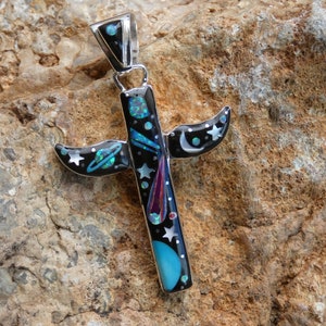 Galaxy Celestial Night Sky Moon Shooting Star Totem Pole Cross Micro Inlay Multi Gemstone Sterling Silver 925 Envío gratuito hecho a mano M62