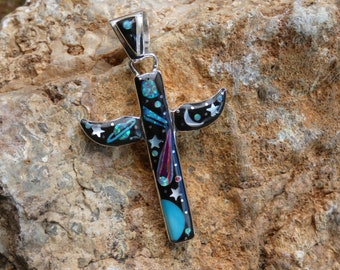 Galaxy Celestial Night Sky Moon Shooting Star Totem Pole Cross Micro Inlay Multi Gemstone Sterling Silver 925 Handcrafted Free Shipping M62