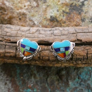Handcrafted Southwestern Western Sterling Silver 925 Beautiful Multi Gemstone & Opal Inlay Post Earrings Free Shipping Gift Box New AH66