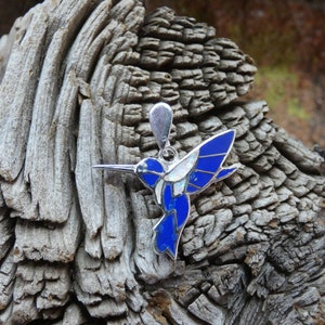 Lapis Lazuli Celestial Blue & Opal Inlayed Hummingbird Sterling Silver Handcrafted Pendant Made In USA Free Shipping Free Gift Bag NEW B65