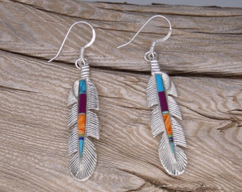 Southwestern Handmade Feather Sterling Silver Vibrant Mixed Gemstones and Opal Earrings Handcrafted In The USA Free Shipping Gift Bag NEW